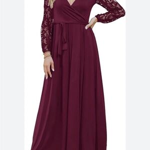 Elegant Burgundy Lace Sleeve Maxi Dress
